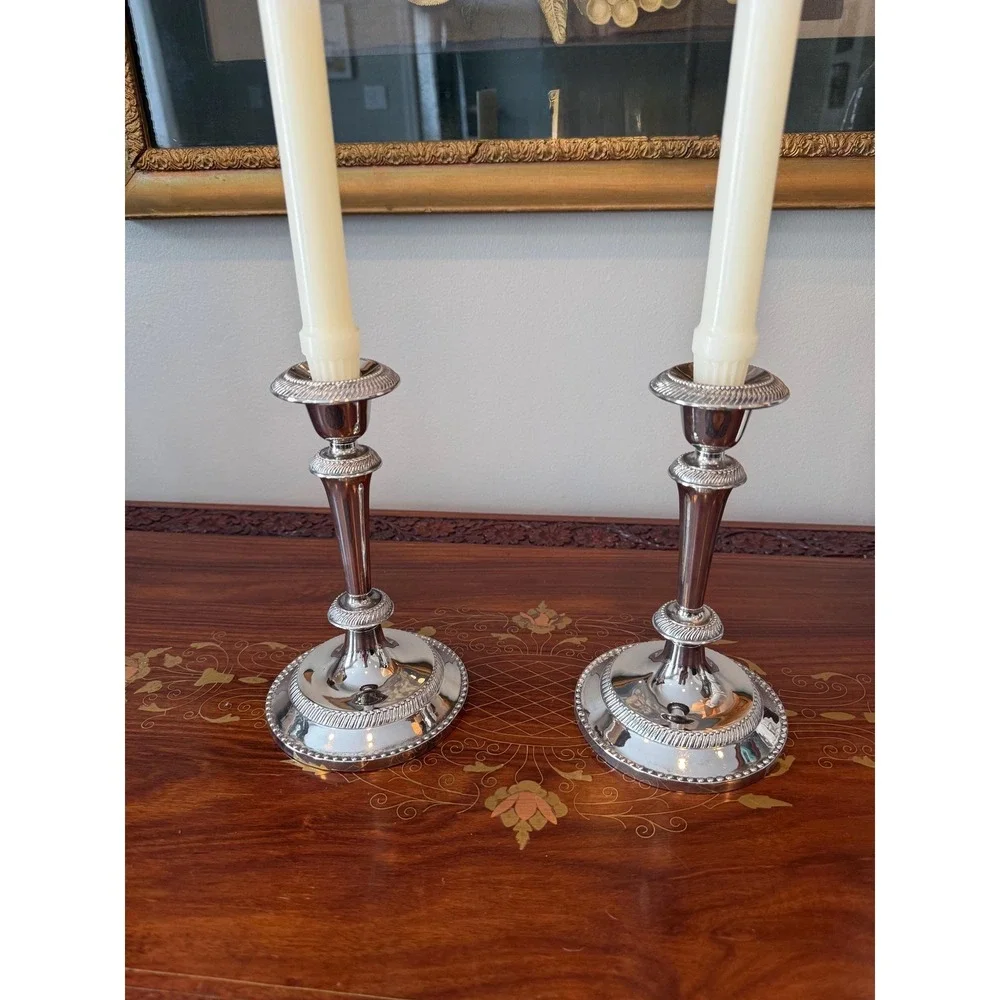 Vintage‎ Silver Plate Candlestick Pair • Neoclassical Taper Holders 7.75